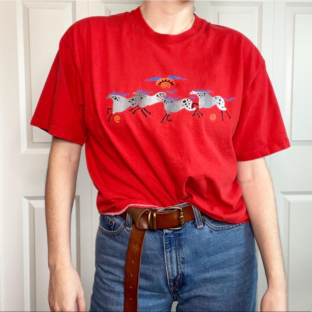 VTG 90s Fruit of the Loom Horse Quartet Boxy Red Sweater Size L